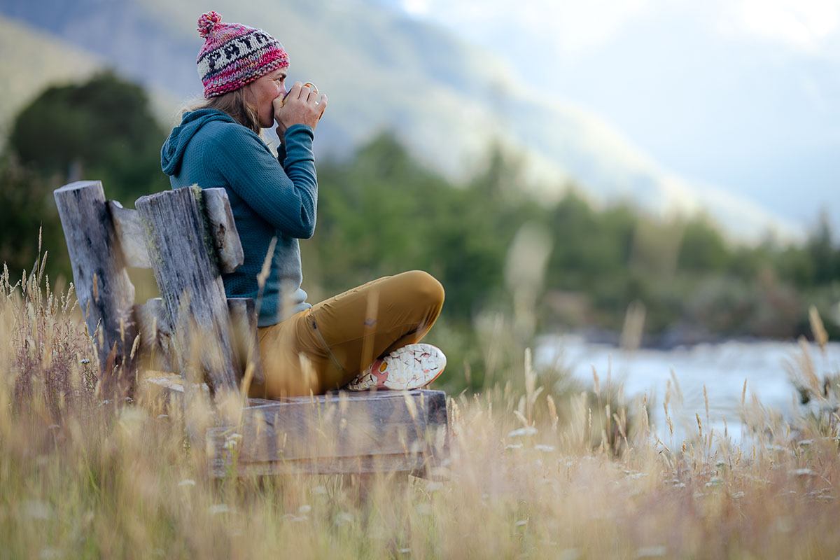 Merino wool (drinking morning coffee wearing the Arc'teryx Hallam Hoody)